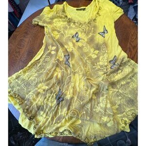 Women's Hippie Yellow Floral Butterfly Midi Asymmetrical One Size Embroidered